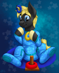 Size: 2021x2500 | Tagged: safe, artist:wittleskaj, imported from derpibooru, oc, oc:sunmane, pony, unicorn, baby, baby pony, clothes, colt, confused, diaper, foal, footed sleeper, footie pajamas, horn, male, onesie, pajamas, puzzled, toy, unicorn oc