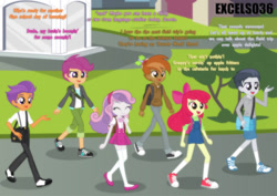 Size: 1105x782 | Tagged: safe, artist:excelso36, imported from derpibooru, apple bloom, button mash, rumble, scootaloo, sweetie belle, tender taps, human, equestria girls, canterlot high, casual, clothes, commission, converse, dialogue, equestria girls-ified, female, hat, long socks, male, microskirt, miniskirt, oblivious, pleated skirt, rumbloo, shipping, shoes, skirt, socks, straight, suspenders, sweetiemash, tenderbloom, thigh highs, thigh socks, umbrella, walking