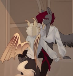 Size: 1028x1080 | Tagged: safe, artist:tttips!, imported from derpibooru, oc, oc only, anthro, bat pony, pegasus, bat wings, brown background, clothes, corset, couple, duo, duo female, ear fluff, eyepatch, female, hand on cheek, lesbian, pants, pirate, red hair, sash, shirt, simple background, spread wings, tail, white hair, white tail, wings