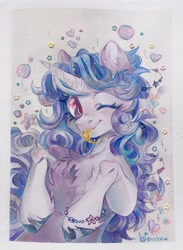 Size: 2858x3915 | Tagged: safe, artist:eiirine, imported from derpibooru, izzy moonbow, pony, unicorn, :p, bracelet, bubble, bust, chest fluff, curly mane, cute, ear fluff, female, fluffy mane, g5, glitter, heart, hooves, jewelry, looking at you, mare, one eye closed, portrait, shiny, smiling, smiling at you, solo, stars, tongue out, traditional art, watercolor painting, wink, winking at you