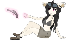 Size: 3840x2160 | Tagged: safe, artist:straighttothepointstudio, imported from derpibooru, oc, oc only, anthro, earth pony, 4k, aiming, anime, anthro oc, black hair, boots, bra, candy, clothes, digital art, ear fluff, earth pony oc, eyebrows, eyebrows visible through hair, female, food, g5, glasses, glowing, gun, handgun, high res, human facial structure, levitation, lollipop, long hair, magic, magic aura, pistol, revolver, shoes, shorts, simple background, solo, telekinesis, transparent background, weapon