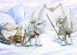 Size: 1517x1100 | Tagged: safe, artist:maytee, imported from derpibooru, oc, oc only, changeling, armor, bone, changeling oc, colored pencil drawing, duo, fluffy, horse collar, igloo, sled, snow, snow changeling, spear, tack, traditional art, unshorn fetlocks, weapon
