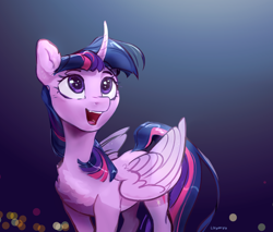 Size: 5010x4266 | Tagged: safe, artist:laymy, imported from derpibooru, twilight sparkle, alicorn, pony, chest fluff, curved horn, ear cleavage, ear fluff, female, gradient background, horn, looking up, mare, smiling, solo, twilight sparkle (alicorn)