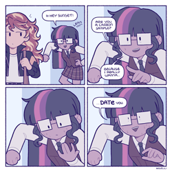 Size: 3000x3000 | Tagged: safe, artist:evelili, imported from derpibooru, sci-twi, sunset shimmer, twilight sparkle, human, equestria girls, 4 panel comic, 4koma, adorkable, clothes, comic, crystal prep academy uniform, cute, dark skin, dork, female, flirting, glasses, lesbian, nervous sweat, nervous wreck, pickup lines, school uniform, scitwishimmer, shipping, speech bubble, subtle as a train wreck, sunsetsparkle, sweat, tan skin, text, unsound effect