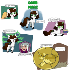 Size: 1863x1900 | Tagged: safe, artist:usaritsu, imported from derpibooru, oc, oc only, human, pony, unicorn, alternate universe, ben 10, ben tennyson, blushing, brush, charmcaster, colt, comic, crossover, cutie mark, dialogue, eyelashes, eyes closed, femboy, foal, food, glowing, glowing horn, green sclera, hairbrush, hamster ball, horn, implied transformation, levitation, lying down, magic, male, omnitrix, open mouth, open smile, pinpoint eyes, ponified, popcorn, prone, raised hoof, rolling, running, simple background, singing, smiling, speech bubble, telekinesis, thought bubble, transparent background