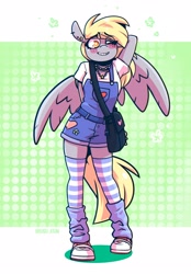 Size: 1423x2048 | Tagged: safe, artist:lrusu, imported from derpibooru, derpy hooves, anthro, pegasus, bag, belt, blushing, clothes, converse, cute, derpabetes, ear piercing, earring, female, grin, jewelry, leg warmers, necklace, one eye closed, overalls, piercing, shirt, shoes, shorts, smiling, socks, solo, stockings, striped socks, t-shirt, thigh highs, wink