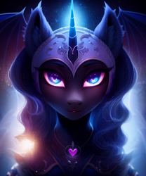 Size: 1280x1536 | Tagged: safe, editor:nightluna, imported from derpibooru, nightmare moon, pony, ai content, ai generated, bat wings, clothes, ear fluff, eyebrows, eyelashes, female, generator:purplesmart.ai, generator:stable diffusion, glowing, heart, helmet, looking at you, mare, prompter:nightluna, solo, wings