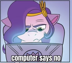 Size: 710x622 | Tagged: safe, edit, idw, imported from derpibooru, pipp petals, pegasus, pony, spoiler:comic, spoiler:g5comic, spoiler:g5comic04, caption, chair, computer, cropped, female, floppy ears, frown, g5, headdress, image macro, laptop computer, little britain, mare, pipp petals is not amused, solo, text, unamused