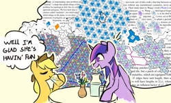 Size: 2400x1446 | Tagged: safe, artist:manicpanda, imported from derpibooru, applejack, twilight sparkle, alicorn, earth pony, pony, adorkable, cute, dork, drinking, excited, eyes closed, fancy mathematics, female, glass, hoof hold, information dump, information dumping, jug, mare, math, monotile, no pupils, open mouth, simple background, sitting, smiling, speech bubble, table, tan background, text, thought bubble, topology, twiabetes, twilight sparkle (alicorn), wall of text, wide eyes