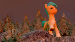 Size: 7111x4000 | Tagged: safe, artist:acid flask, imported from derpibooru, hitch trailblazer, earth pony, pony, 3d, absurd resolution, bush, cliff, confident, forest, furrowed brow, g5, gimp, happy, looking up, male, photoshop, png, raised hoof, rock, smiling, solo, source filmmaker, squint, stallion, sunset, tree, wallpaper, wind