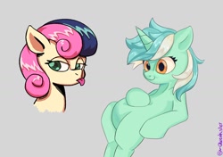 Size: 1414x993 | Tagged: safe, artist:qweakster, imported from derpibooru, bon bon, lyra heartstrings, sweetie drops, earth pony, pony, unicorn, :p, duo, female, gray background, meme, simple background, sitting, sitting lyra, tongue out