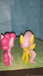 Size: 612x1088 | Tagged: safe, artist:dex stewart, imported from derpibooru, fluttershy, pinkie pie, earth pony, pegasus, pony, animated, dvd, irl, photo, sound, stop motion, the birthday, webm