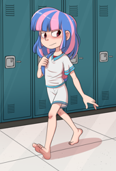 Size: 1151x1690 | Tagged: safe, artist:padoga, imported from derpibooru, wind sprint, human, backpack, barefoot, barefooting, clothes, commission, feet, female, humanized, lockers, school, shirt, shorts, solo, walking