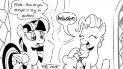 Size: 1200x675 | Tagged: safe, artist:pony-berserker, imported from derpibooru, pinkie pie, twilight sparkle, alicorn, earth pony, pony, delusion, dialogue, duo, duo female, eyes closed, female, mare, pony-berserker's twitter sketches, pony-berserker's twitter sketches (2023), twilight sparkle (alicorn), twilight's castle