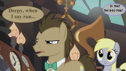 Size: 1920x1080 | Tagged: safe, edit, edited screencap, imported from derpibooru, screencap, derpy hooves, doctor whooves, time turner, earth pony, pegasus, pony, slice of life (episode), doctor who, doctor whooves' lab, female, implied dalek, male, mare, offscreen character, speech bubble, stallion, uh oh