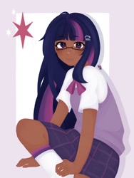 Size: 768x1024 | Tagged: safe, artist:ms_arts_649, imported from derpibooru, twilight sparkle, human, clothes, dark skin, female, glasses, hairpin, humanized, school uniform, solo