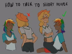 Size: 2892x2200 | Tagged: safe, artist:elsorvete, imported from derpibooru, applejack, rainbow dash, human, appledash, blushing, dark skin, duo, female, how to talk to short people, humanized, lesbian, midriff, shipping