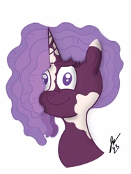 Size: 1620x2160 | Tagged: safe, artist:jesslmc16, imported from derpibooru, pony, unicorn, bust, colored, colored pupils, comic, digital, digital art, dreadlocks, female, filly, foal, g5, looking at you, mare, portrait, procreate app, purple eyes, simple background, smiling, smiling at you, solo, violette rainbow, vitiligo, white background