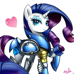 Size: 2048x2048 | Tagged: safe, imported from derpibooru, rarity, pony, unicorn, ai content, ai generated, armor, fabulous, female, generator:purplesmart.ai, generator:stable diffusion, heart, heart eyes, lidded eyes, looking at you, mare, palindrome get, raised hoof, simple background, solo, white background, wingding eyes