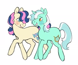 Size: 1646x1372 | Tagged: safe, artist:peachy_bat, imported from derpibooru, bon bon, lyra heartstrings, sweetie drops, earth pony, pony, unicorn, adorabon, blushing, cute, duo, female, lesbian, looking at each other, looking at someone, lyrabetes, lyrabon, mare, shipping, simple background, walking, white background