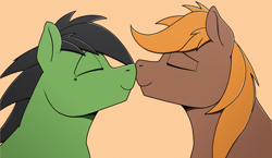 Size: 6135x3564 | Tagged: safe, artist:sefastpone, imported from derpibooru, part of a set, oc, oc:anon stallion, oc:calamity, earth pony, pony, fallout equestria, canon x oc, digital art, eyes closed, gay, looking at each other, looking at someone, male, nose to nose, nuzzling, oc x oc, shipping, simple background, smiling, smiling at each other, stallion