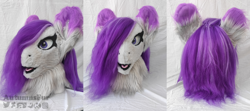 Size: 3750x1667 | Tagged: safe, artist:autumnsfur, imported from derpibooru, oc, oc only, oc:glitter stone, anthro, earth pony, pony, anthro oc, behind, bust, clothes, cosplay, costume, eyelashes, female, fur, furry, fursuit, irl, looking at you, photo, ponysona, ponysuit, portrait, purple eyes, purple hair, purple mane, signature, simple background, watermark