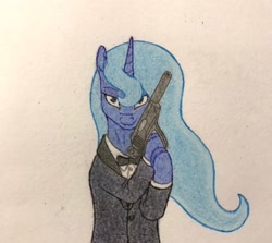 Size: 2048x1830 | Tagged: safe, artist:antnoob, artist:lightsolver, imported from derpibooru, princess luna, bowtie, clothes, colored, female, gun, handgun, looking at you, mare, pistol, simple background, solo, suit, traditional art, tuxedo, weapon, white background