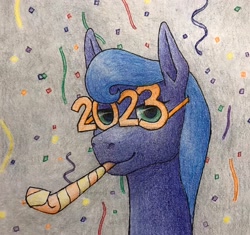 Size: 2048x1928 | Tagged: safe, artist:antnoob, artist:lightsolver, imported from derpibooru, oc, pony, 2023, colored, female, happy new year, holiday, looking at you, mare, missing horn, party horn, solo, traditional art