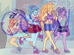 Size: 1400x1050 | Tagged: safe, artist:dulcesilly, imported from derpibooru, adagio dazzle, aria blaze, sonata dusk, sunset shimmer, human, equestria girls, bag, bracelet, breasts, clothes, converse, drink, drinking straw, ear piercing, earring, female, food, gem, heavy, jewelry, keychain, kirby (series), necklace, obtrusive watermark, piercing, plant, purse, sale, sandals, shaking, shoes, shopping, shopping bag, siren gem, skirt, taco, the dazzlings, watermark