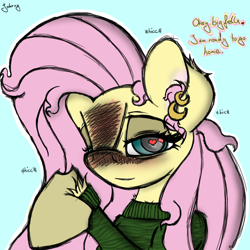 Size: 1480x1480 | Tagged: safe, artist:johrnyreport, imported from derpibooru, part of a set, fluttershy, pegasus, pony, blue background, blushing, blushing profusely, clothes, colored, cyan background, drunk, drunkershy, ear fluff, heart, heart eyes, long sleeved shirt, long sleeves, shirt, simple background, smiling, text, wingding eyes