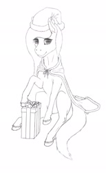 Size: 1261x2048 | Tagged: safe, artist:antnoob, artist:lightsolver, imported from derpibooru, oc, oc only, pony, black and white, cape, christmas, clothes, female, grayscale, hat, holiday, looking at you, mare, monochrome, present, santa hat, simple background, solo, traditional art, white background