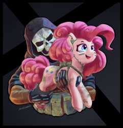 Size: 1480x1535 | Tagged: safe, artist:justgaduh, imported from derpibooru, pinkie pie, earth pony, human, pony, ammunition belt, call of duty, call of duty: ghosts, crossover, cute, diapinkes, duo, earpiece, face paint, female, harness, holding a pony, hood, mare, open mouth, open smile, skull, skull mask, smiling