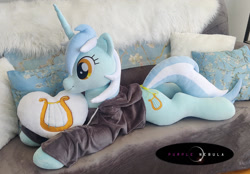 Size: 1280x893 | Tagged: safe, artist:purplenebulastudios, imported from derpibooru, lyra heartstrings, pony, unicorn, clothes, dig the swell hoodie, hoodie, irl, life size, lying down, photo, pillow, plushie, prone, solo, sploot