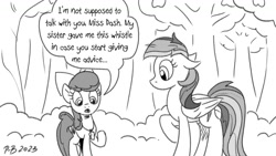 Size: 1200x675 | Tagged: safe, artist:pony-berserker, imported from derpibooru, apple bloom, rainbow dash, earth pony, pegasus, pony, bush, female, filly, foal, mare, monochrome, ponified, pony-berserker's twitter sketches, pony-berserker's twitter sketches (2023), reference, signature, tree, whistle, whistle necklace