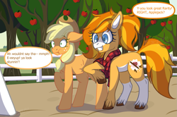 Size: 1581x1049 | Tagged: safe, artist:brybrychan, imported from derpibooru, applejack, oc, earth pony, pony, apple, apple tree, clothes, coat markings, dialogue, duo, eyelashes, female, fence, hat, mare, outdoors, raised hoof, scarf, socks (coat markings), tree, unshorn fetlocks, wide eyes