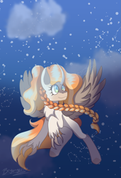 Size: 849x1243 | Tagged: safe, artist:brybrychan, imported from derpibooru, oc, oc only, braid, claws, flying, outdoors, snow, solo, wings