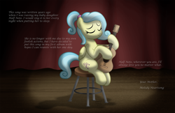Size: 1600x1036 | Tagged: safe, artist:aleximusprime, imported from derpibooru, oc, oc only, oc:melody heartsong, pegasus, pony, fanfic:oh mother where art thou, flurry heart's story, cozy glow's mother, curtains, eyes closed, female, guitar, mare, musical instrument, pegasus oc, sitting, solo, spotlight, stage, stool, story included, text