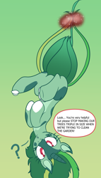 Size: 1096x1920 | Tagged: safe, artist:brybrychan, imported from derpibooru, bulbasaur, pony, eyelashes, female, gradient background, mare, pokémon, ponified, question mark, solo, talking, tentacles, upside down