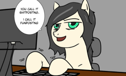 Size: 518x314 | Tagged: safe, artist:zan logemlor, imported from derpibooru, oc, oc only, oc:floor bored, earth pony, pony, chair, computer, dialogue, earth pony oc, female, keyboard, looking at you, mare, monitor, onomatopoeia, open mouth, shitposting, sitting, solo, speech bubble, talking, talking to viewer, vulgar