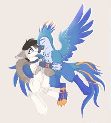 Size: 1852x2048 | Tagged: safe, artist:nyota7171, imported from twibooru, oc, oc only, earth pony, griffon, pony, beak, blue eyes, chest fluff, cute, digital art, eyes closed, feather, flowing tail, gay, gray background, hug, image, male, needs more jpeg, simple background, smiling at each other, spread wings, wholesome, winghug, wings
