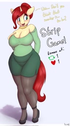 Size: 1150x2048 | Tagged: safe, alternate version, artist:an-tonio, imported from twibooru, oc, oc only, oc:golden brooch, anthro, unicorn, big breasts, blushing, breasts, busty golden brooch, chubby, cleavage, clothes, dialogue, female, horn, image, jewelry, lipstick, milf, mother, necklace, needs more jpeg, open mouth, open smile, red lipstick, smiling, solo, strip game, text