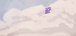 Size: 889x424 | Tagged: safe, artist:pinkchalk, artist:truthormare, rainbowshine, pegasus, pony, cloud, collaboration, colored, female, flying, lens flare, lineart, mare, painting, scenery, sky, smiling, solo, spread wings, wings