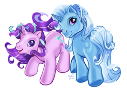 Size: 2764x1971 | Tagged: safe, artist:peachmichea, imported from twibooru, starlight glimmer, trixie, unicorn, g3, g4, g4 to g3, generation leap, image, looking at you, playful, png, simple background, white background