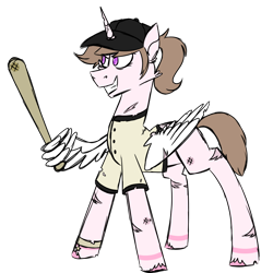 Size: 900x900 | Tagged: safe, artist:fuckomcfuck, imported from derpibooru, oc, oc:wisp, alicorn, pony, alternate universe, baseball bat, baseball cap, bracelet, bruised, cap, clothes, cracked horn, hat, horn, jersey, jewelry, scar, simple background, solo, the trotting dead, torn clothes, transparent background