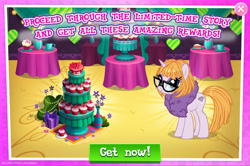 Size: 1964x1305 | Tagged: safe, imported from derpibooru, touring wind, pony, unicorn, advertisement, bush, cake, cupcake, english, flower, food, gameloft, glasses, horn, mobile game, my little pony: magic princess, official, present, table, text, vase