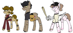 Size: 2000x900 | Tagged: safe, artist:fuckomcfuck, imported from derpibooru, oc, oc:doodles, oc:pog champ, oc:wisp, alicorn, earth pony, pegasus, pony, alternate universe, bag, bags under eyes, bandage, baseball bat, baseball cap, belt, bruised, cap, clothes, cracked horn, hat, height difference, horn, jacket, jersey, knife, no tail, scar, simple background, the trotting dead, torn clothes, torn ear, transparent background, trio