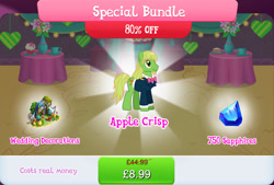 Size: 1270x857 | Tagged: safe, imported from derpibooru, apple crisp, earth pony, pony, apple, barrel, beard, bowtie, bundle, clothes, costs real money, english, facial hair, food, gameloft, hay bale, male, mobile game, my little pony: magic princess, numbers, official, pear, sale, solo, solo focus, stallion, suit, text, tree