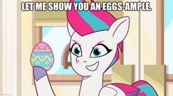 Size: 889x499 | Tagged: safe, edit, edited screencap, imported from derpibooru, screencap, zipp storm, pegasus, pony, spoiler:g5, spoiler:my little pony: tell your tale, spoiler:tyts01e48, caption, easter egg, egg pun, g5, image macro, my little pony: tell your tale, solo, text, the hunt for eggmund bunny