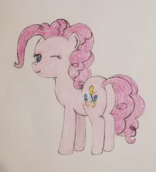 Size: 2081x2291 | Tagged: safe, artist:ceffyl-dŵr, imported from derpibooru, pinkie pie, earth pony, pony, butt, crayon drawing, one eye closed, plot, solo, traditional art, wink