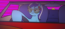 Size: 874x394 | Tagged: safe, artist:zan logemlor, imported from derpibooru, minuette, earth pony, pony, unicorn, car, driving, female, glasses, horn, mare, outrun, shutter shades, sitting, solo, steering wheel, sunglasses